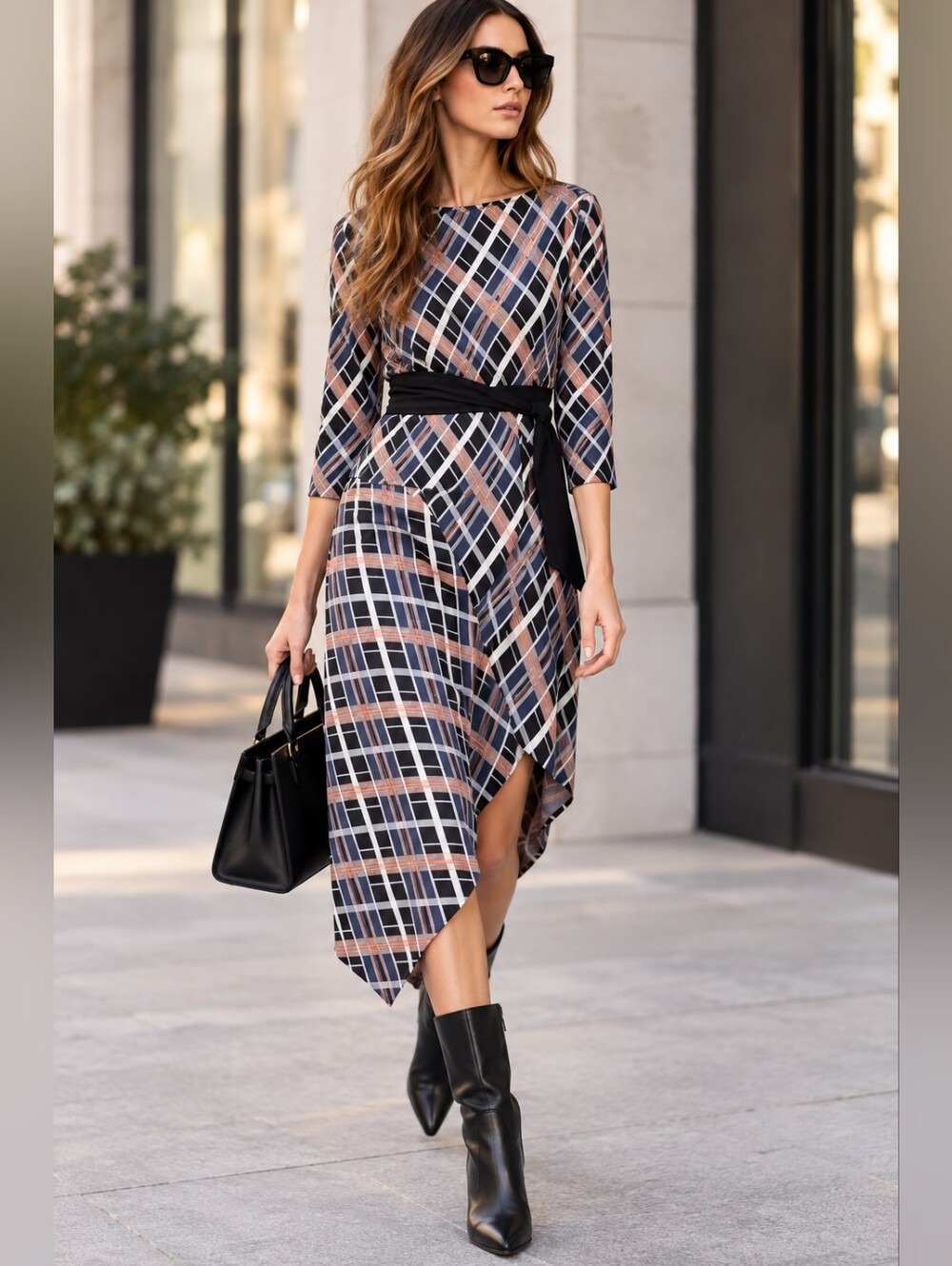 Zara Assymmetrical Stylish Multicolor Plaid Women's Dress